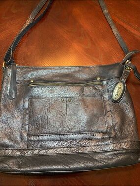Born Black Leather Shoulder Bag with Front Zipper Pocket, zipper needs repair